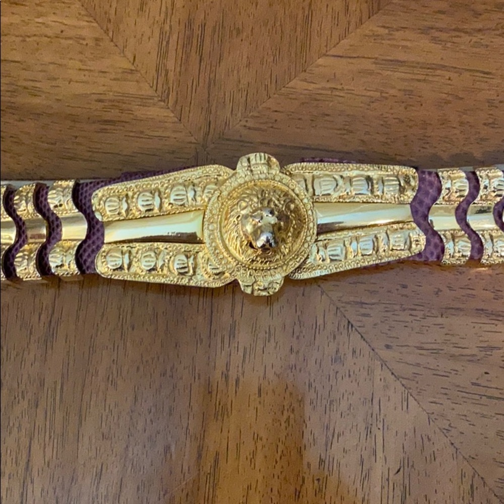 Judith Leiber purple belt with gold lion clasp